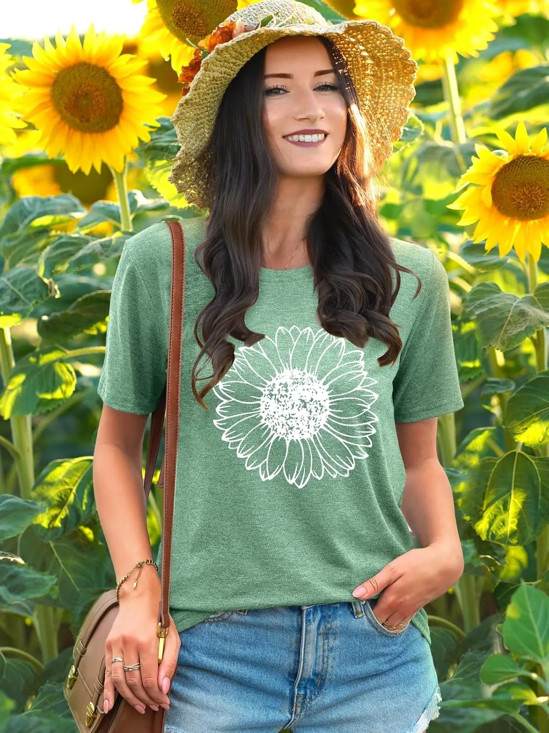 EUOW Women's Sunflower Graphic Shirts Boho Flowers Tee Tops Cute Summer Vintage Short Sleeve Holiday T Shirt