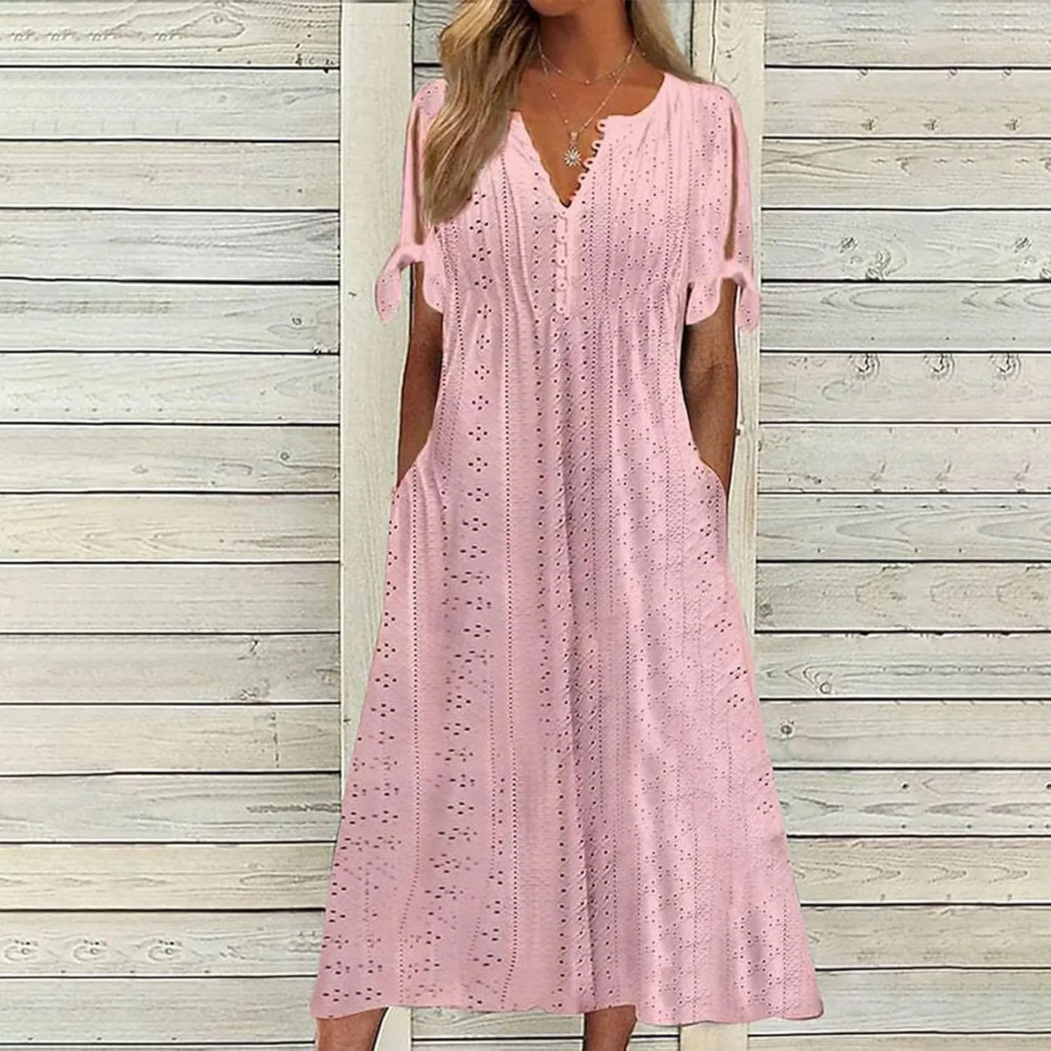 Eyelet Dress for Women V Neck Button Long Dress Loose Fit Flowy Swing Midi Eyelet Skirt with Pockets Vacation Tops for Beach