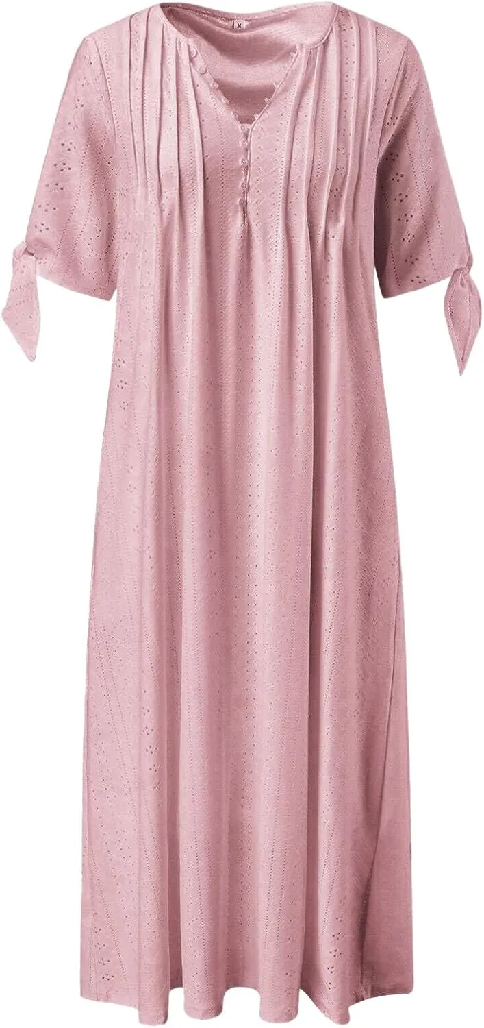 Eyelet Dress for Women V Neck Button Long Dress Loose Fit Flowy Swing Midi Eyelet Skirt with Pockets Vacation Tops for Beach