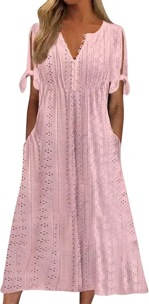 Eyelet Dress for Women V Neck Button Long Dress Loose Fit Flowy Swing Midi Eyelet Skirt with Pockets Vacation Tops for Beach