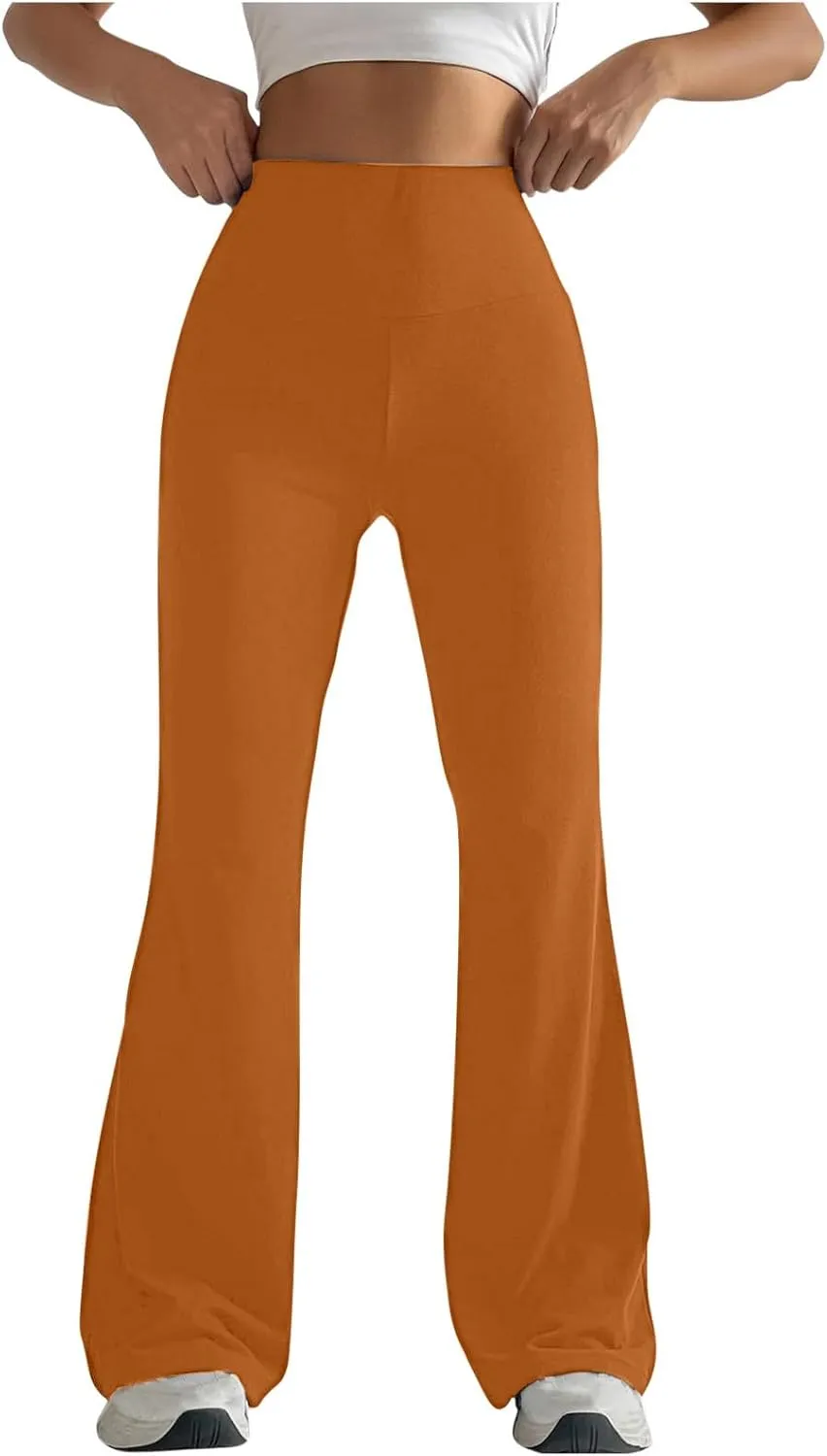 Flare Leggings for Women Without Front Seam, Plus Size Pink Pants,Flare Yoga Pants for Women with Back Pockets
