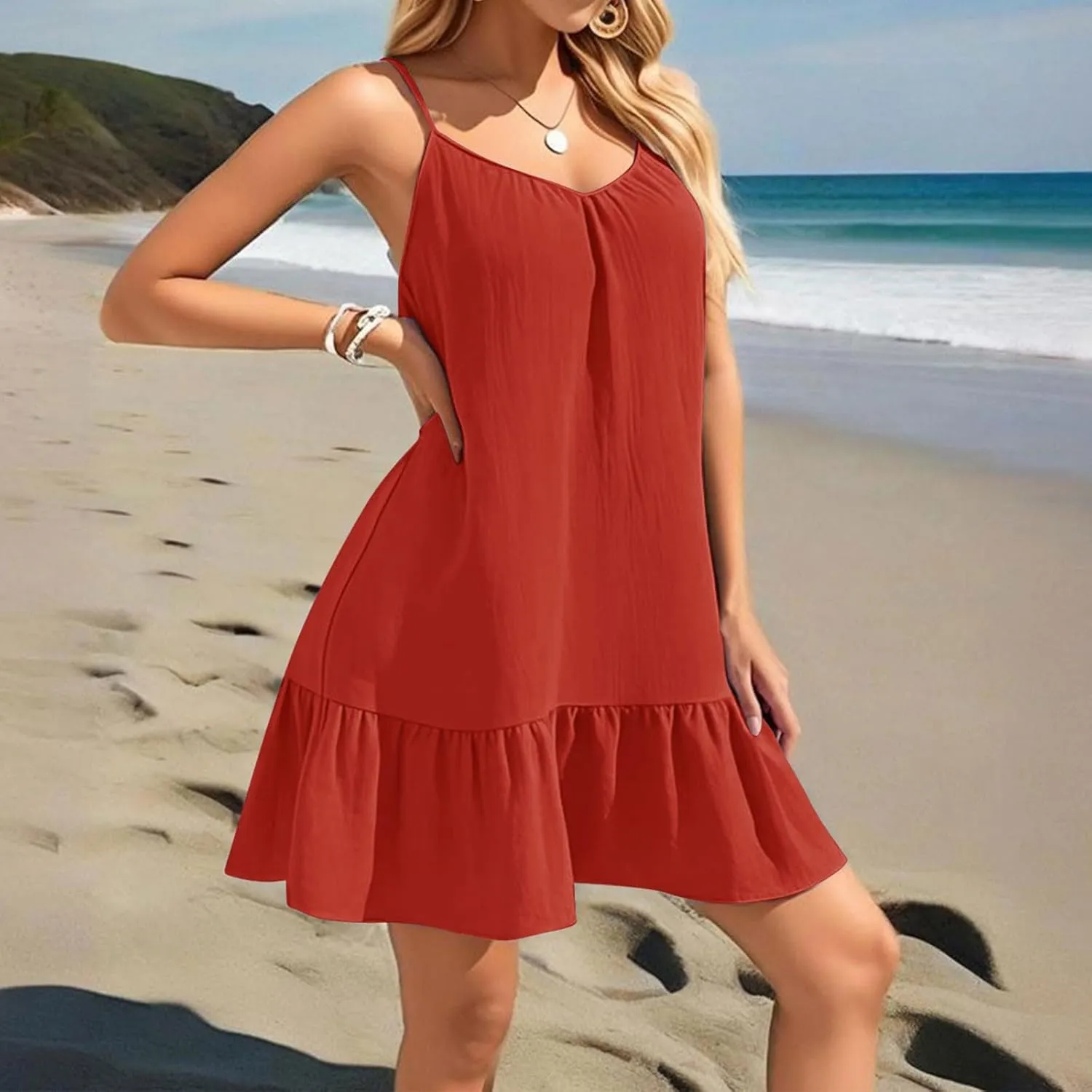 FlekmanArt Women's Swimsuit Cover Up Spaghetti Strap Backless Short Beach Bathing Suit Tank Dress with Ruffle Hem for Summer
