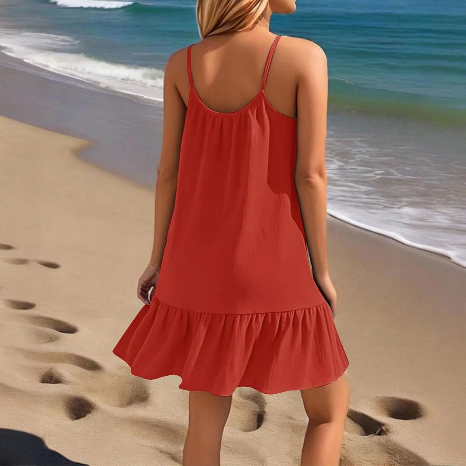 FlekmanArt Women's Swimsuit Cover Up Spaghetti Strap Backless Short Beach Bathing Suit Tank Dress with Ruffle Hem for Summer