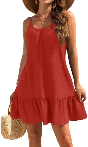 FlekmanArt Women's Swimsuit Cover Up Spaghetti Strap Backless Short Beach Bathing Suit Tank Dress with Ruffle Hem for Summer
