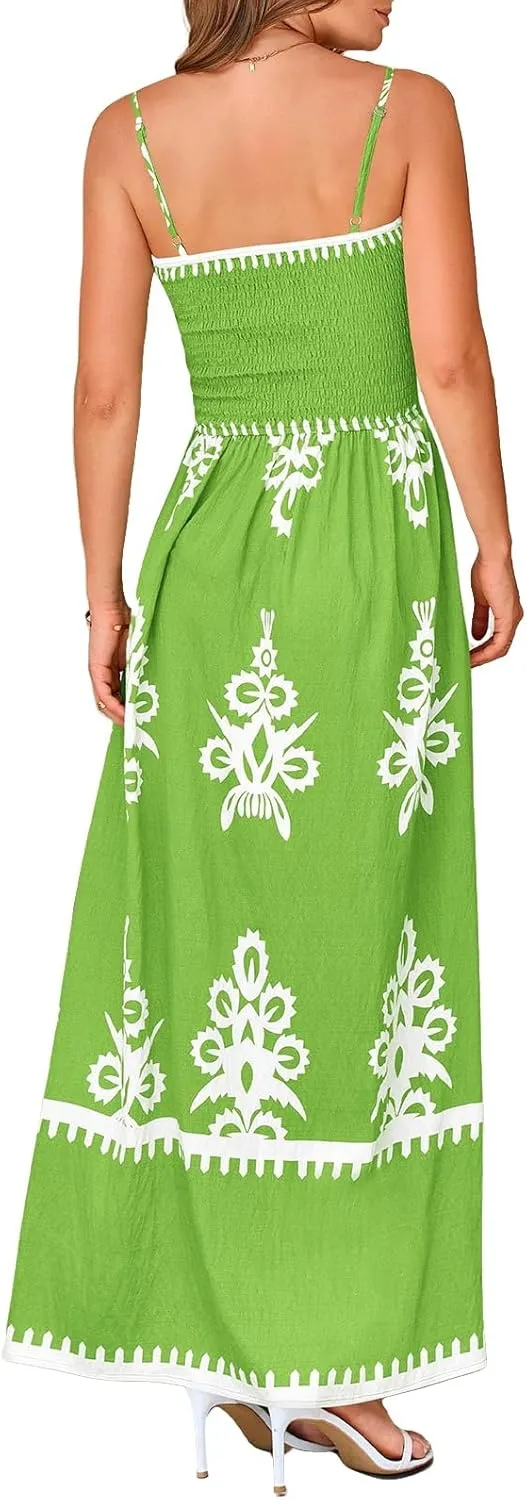 Floral Dress for Women 2025 Spaghetti Strap Smocked Tank Dress Tunic Boho Maxi Dresses Summer A Line Flowy Sundress