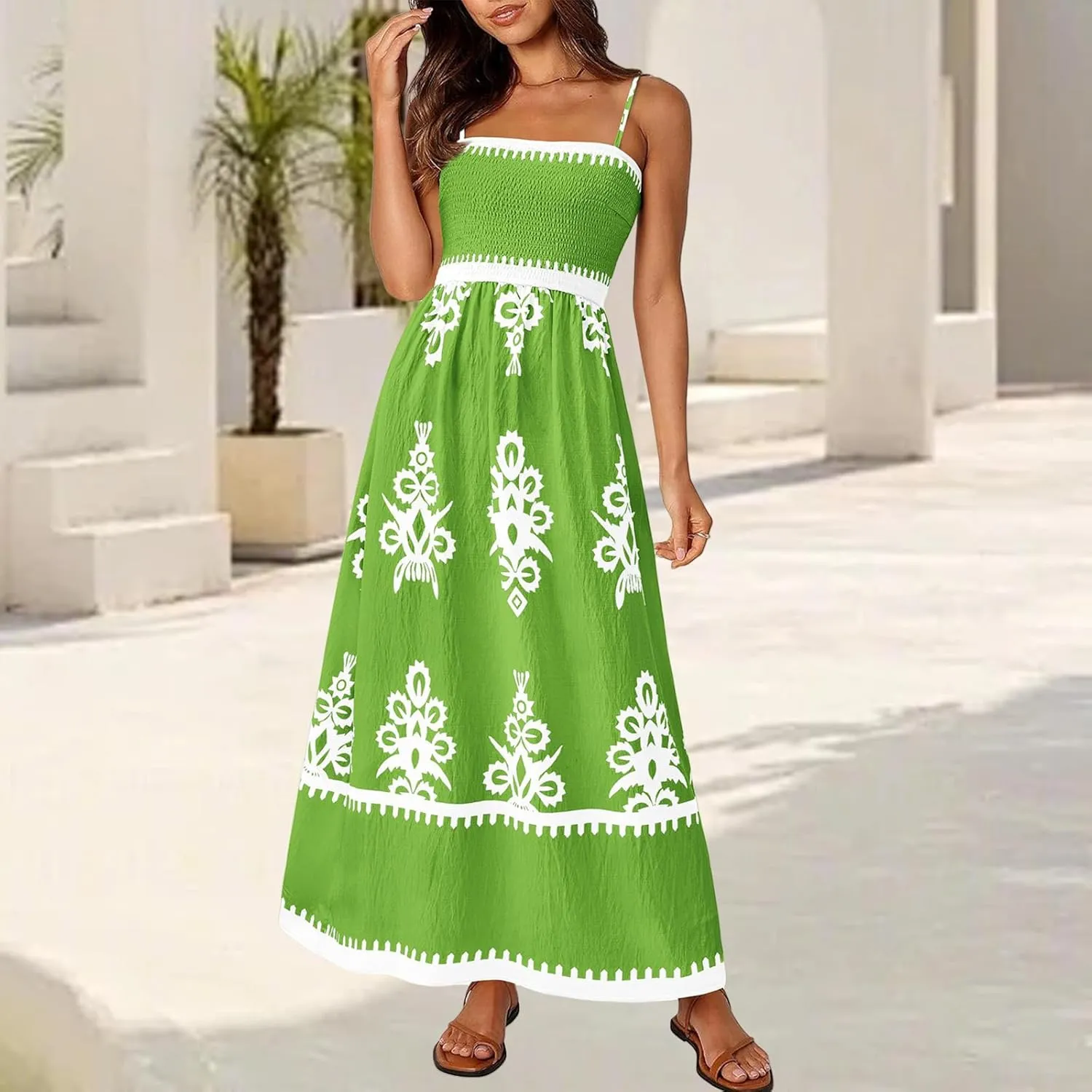 Floral Dress for Women 2025 Spaghetti Strap Smocked Tank Dress Tunic Boho Maxi Dresses Summer A Line Flowy Sundress