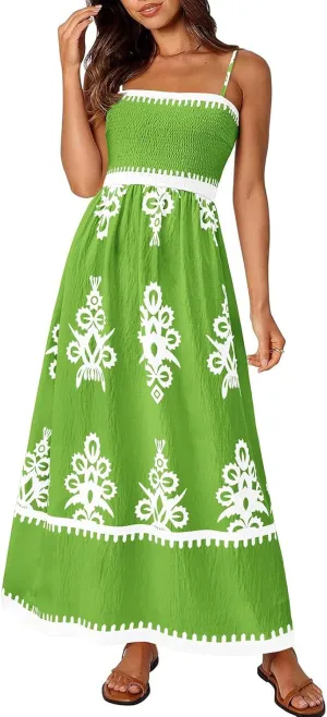 Floral Dress for Women 2025 Spaghetti Strap Smocked Tank Dress Tunic Boho Maxi Dresses Summer A Line Flowy Sundress