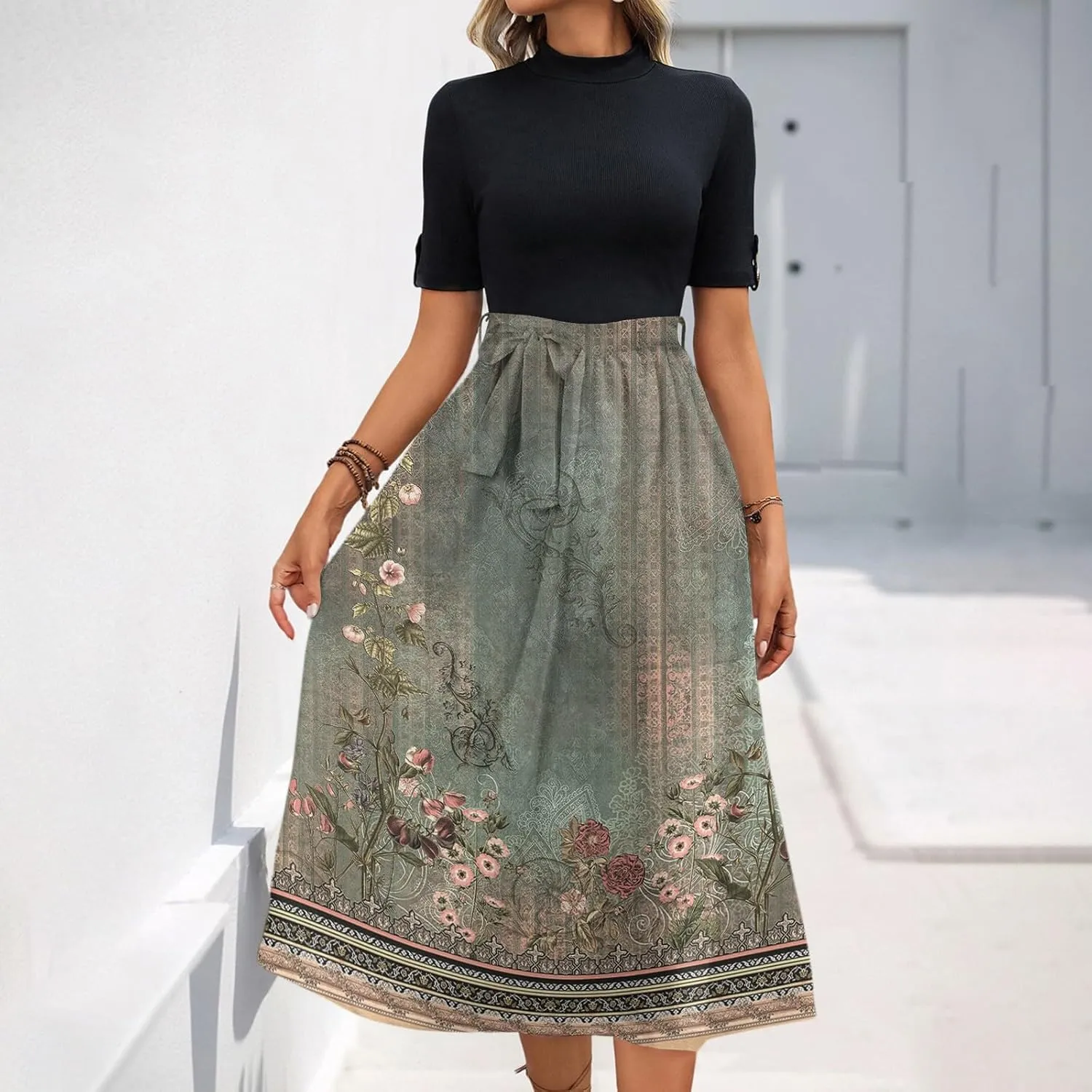 Floral Dresses Flowy Short Sleeve Empire Waist Summer Crewneck Midi Length Fashion Belted Sundresses for Women
