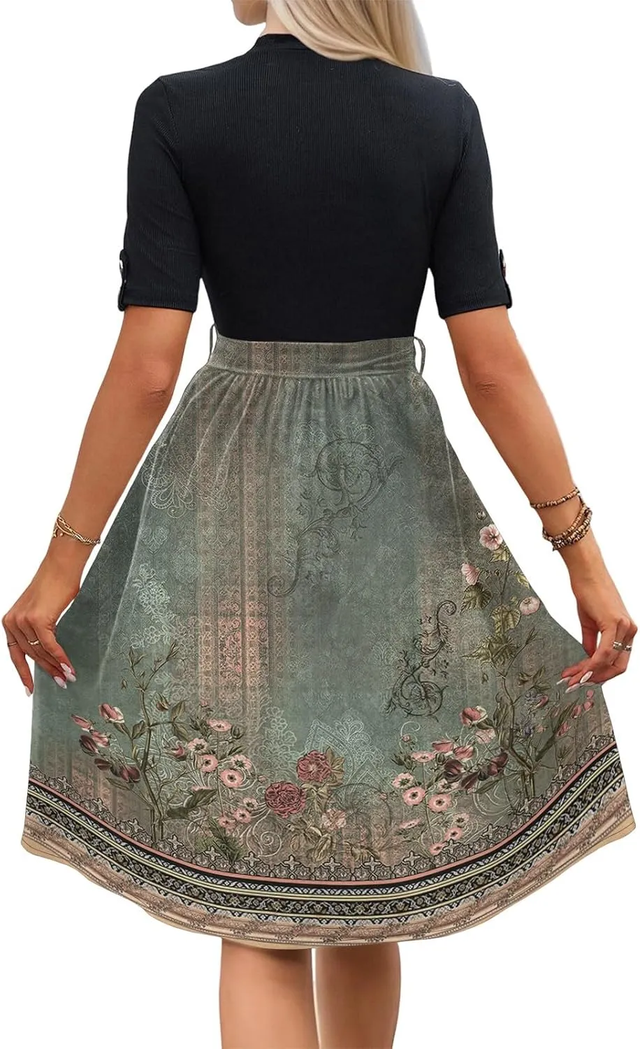 Floral Dresses Flowy Short Sleeve Empire Waist Summer Crewneck Midi Length Fashion Belted Sundresses for Women