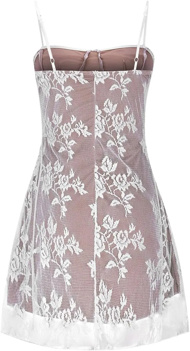 Floral Lace Babydoll Dress for Women Sweetheart Neckline Drawstring Adjustable Straps Mesh Sexy Summer Mini Dress