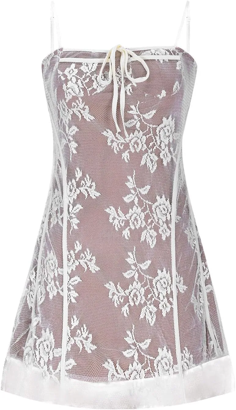 Floral Lace Babydoll Dress for Women Sweetheart Neckline Drawstring Adjustable Straps Mesh Sexy Summer Mini Dress