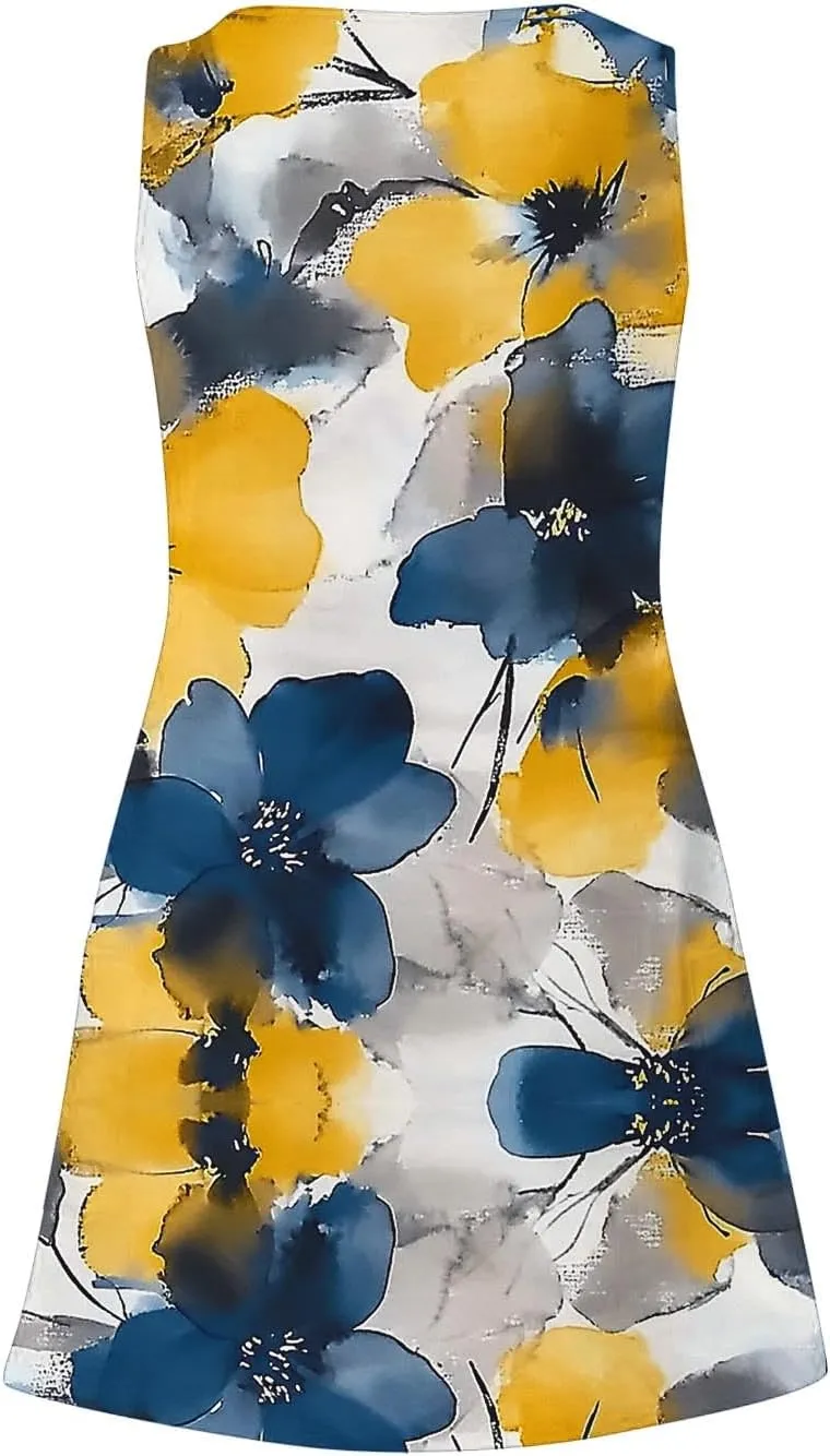 Flowy Dresses for Women Casual Sleeveless Boho Cute Sundress Crewneck Summer Beach Mini Tank Dress Vacation