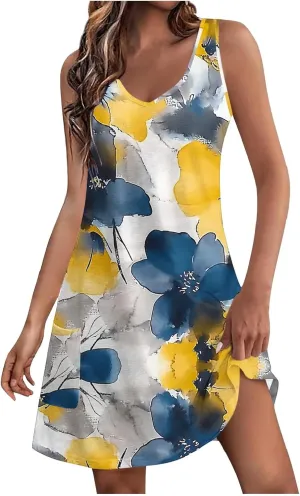 Flowy Dresses for Women Casual Sleeveless Boho Cute Sundress Crewneck Summer Beach Mini Tank Dress Vacation