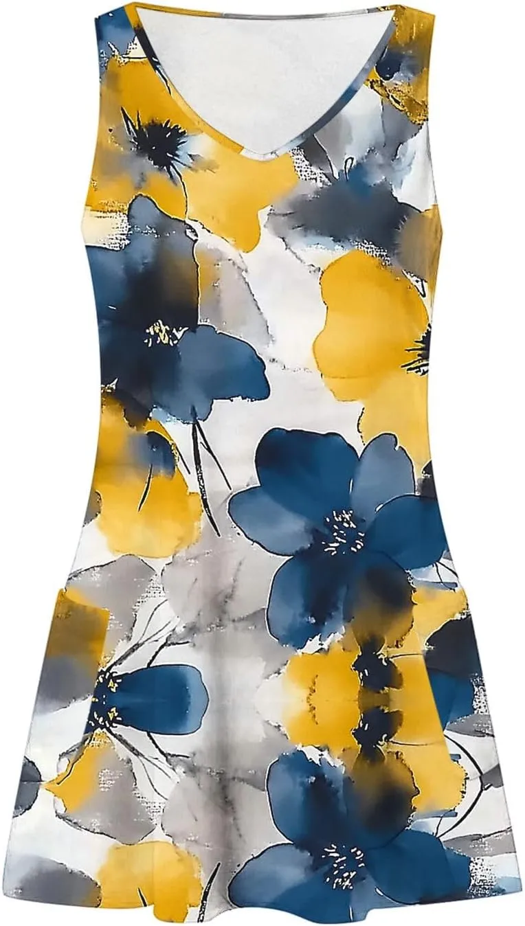 Flowy Dresses for Women Casual Sleeveless Boho Cute Sundress Crewneck Summer Beach Mini Tank Dress Vacation