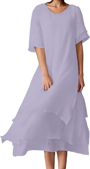 Flowy Linen Dresses for Women 2025 Trendy Crewneck Short Flutter Sleeve Layered Long Graduation Dress Vintage Travel Outfits