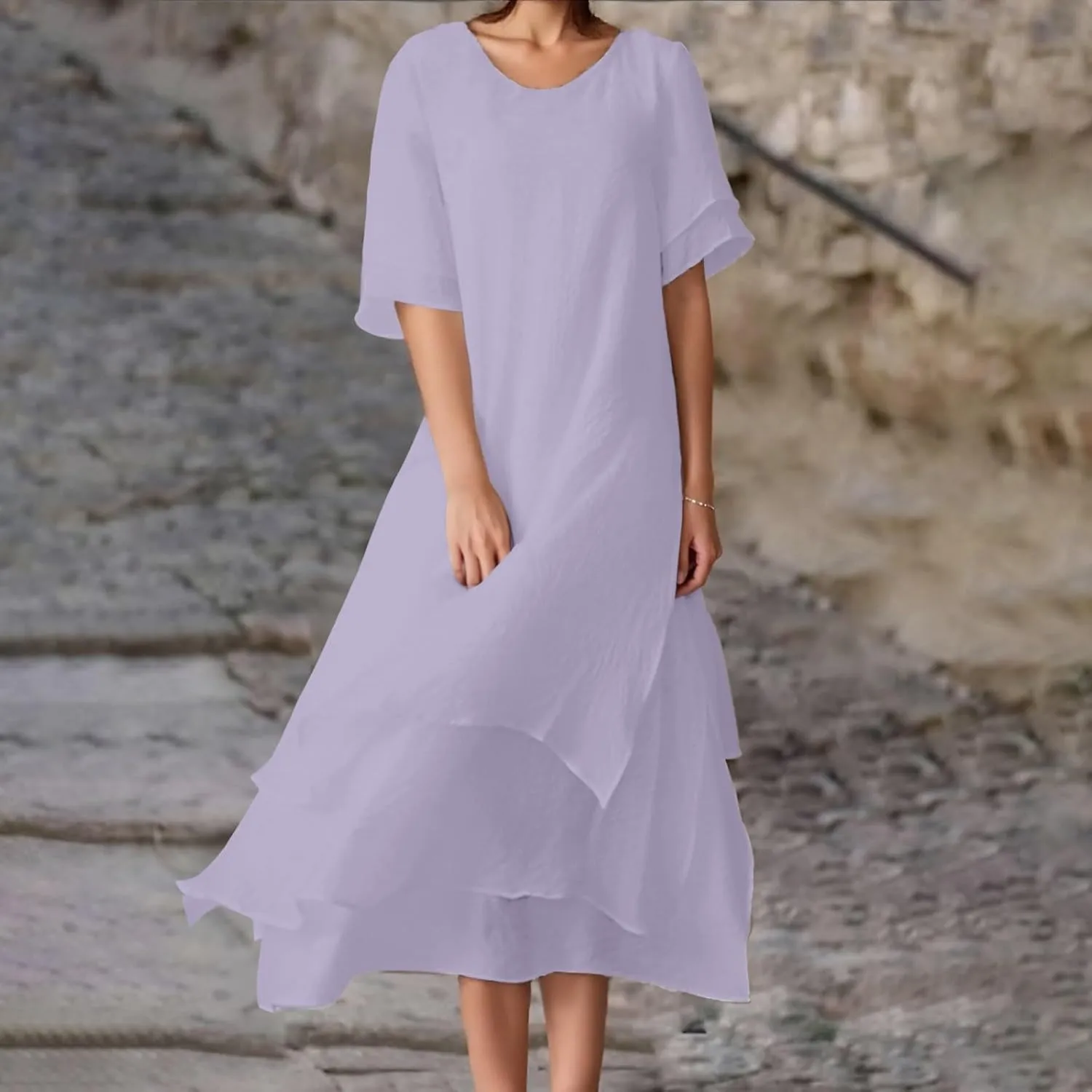 Flowy Linen Dresses for Women 2025 Trendy Crewneck Short Flutter Sleeve Layered Long Graduation Dress Vintage Travel Outfits