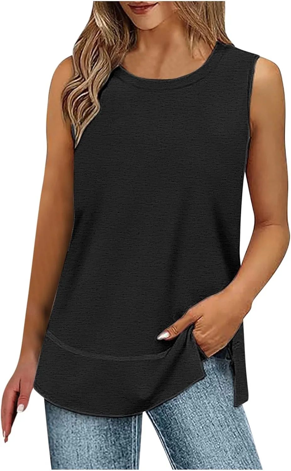 Flowy Side Split Basic Tank Tops for Women Summer Casual Comfy Boat Neck Sleeveless Shirt Loose Fit Beach Tunic Top