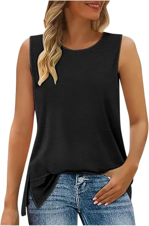 Flowy Side Split Basic Tank Tops for Women Summer Casual Comfy Boat Neck Sleeveless Shirt Loose Fit Beach Tunic Top
