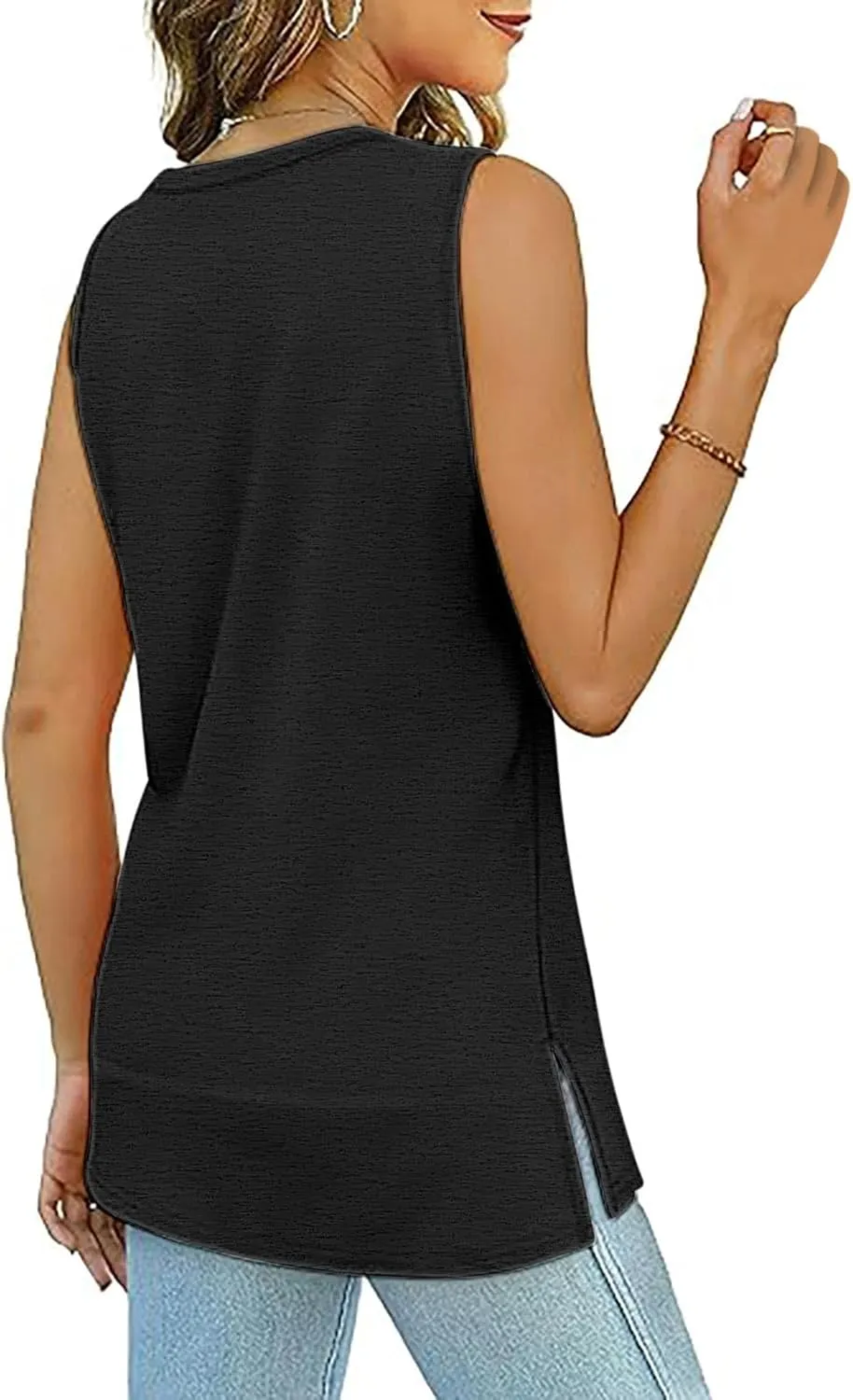 Flowy Side Split Basic Tank Tops for Women Summer Casual Comfy Boat Neck Sleeveless Shirt Loose Fit Beach Tunic Top