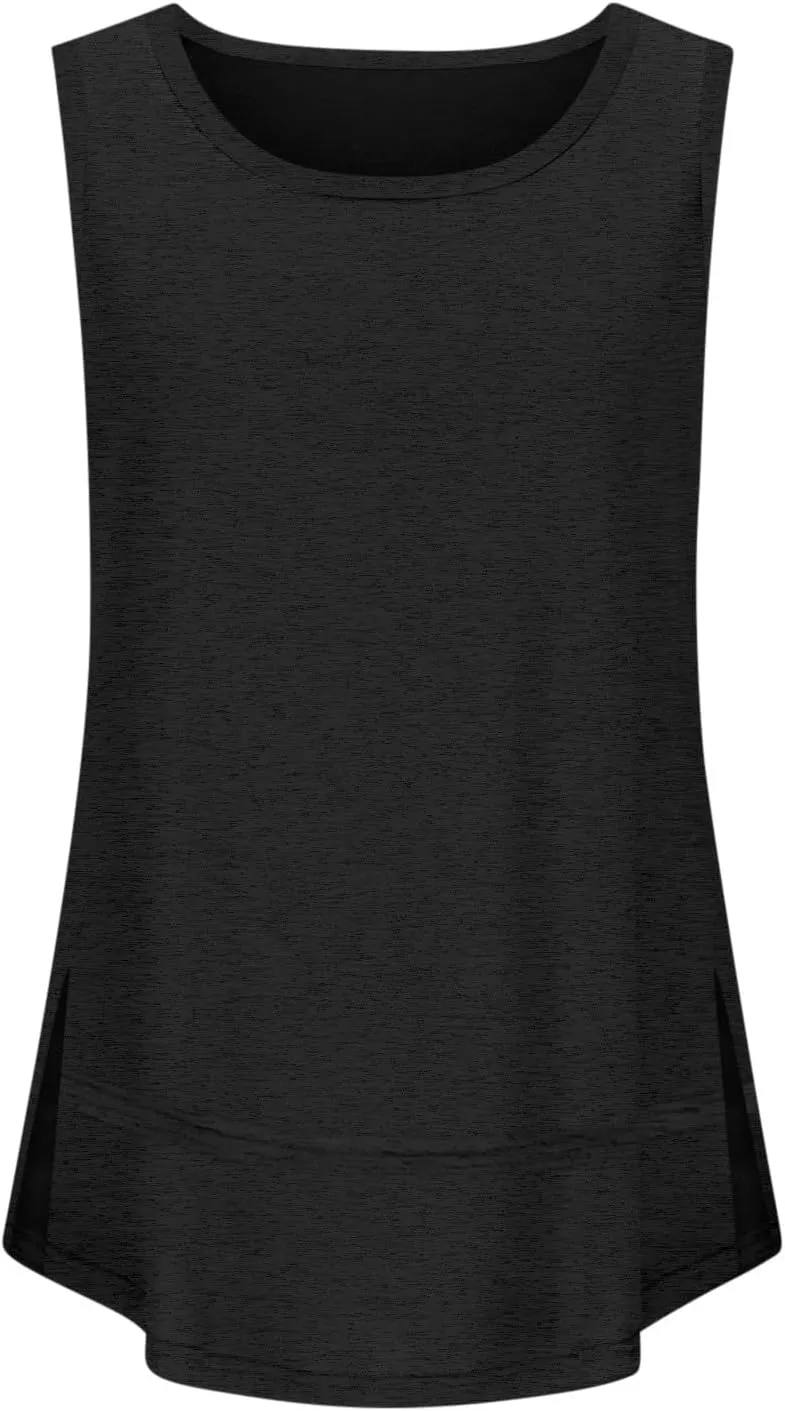 Flowy Side Split Basic Tank Tops for Women Summer Casual Comfy Boat Neck Sleeveless Shirt Loose Fit Beach Tunic Top