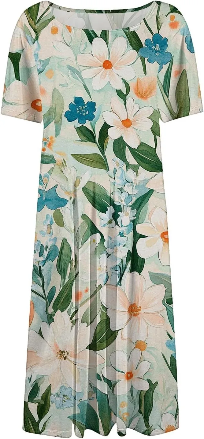 Formal Dress Floral Women 2025 Midi Short Sleeve Round Neck Dresses Elegant Square Neck Strapped Swing A Line