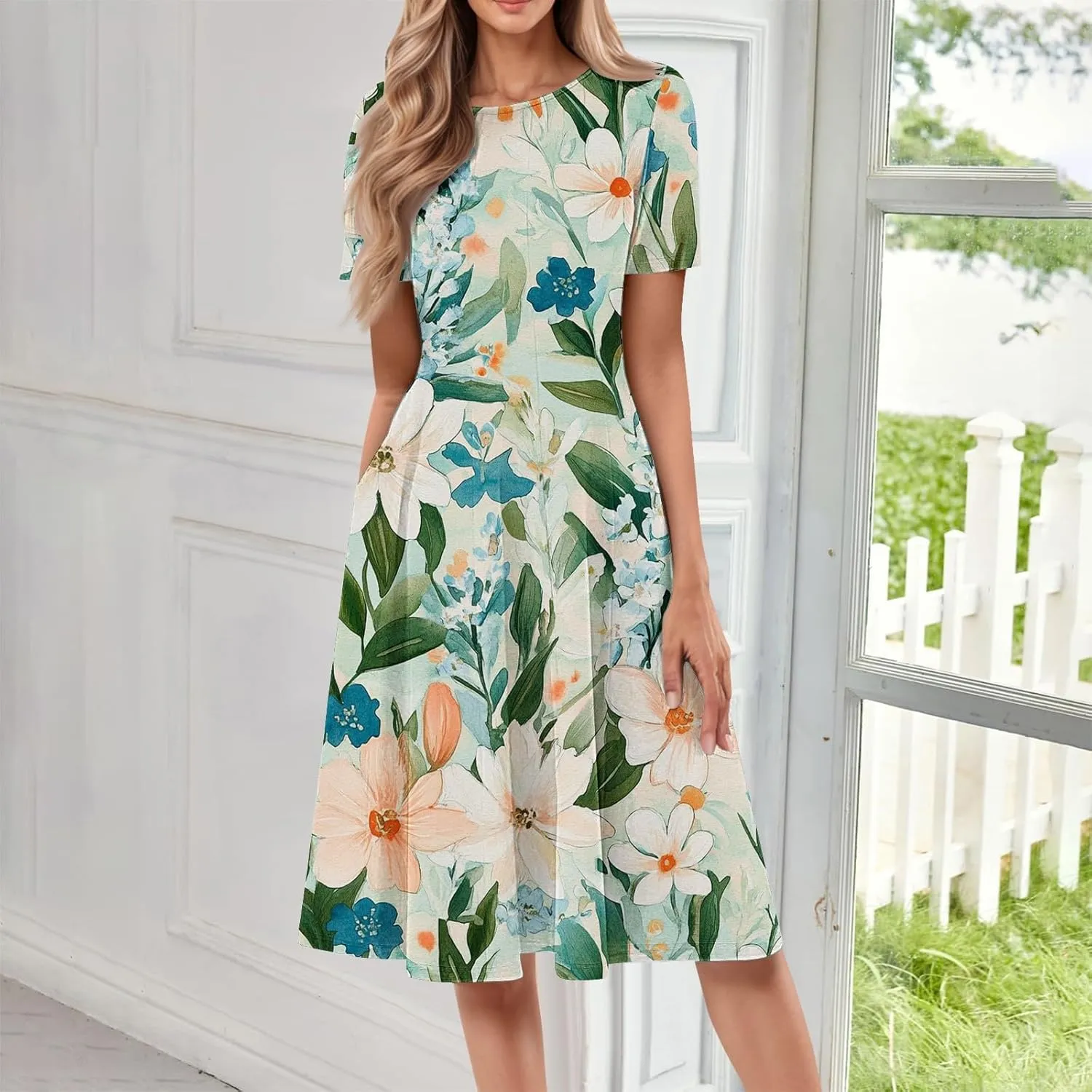 Formal Dress Floral Women 2025 Midi Short Sleeve Round Neck Dresses Elegant Square Neck Strapped Swing A Line