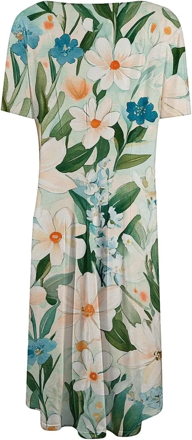 Formal Dress Floral Women 2025 Midi Short Sleeve Round Neck Dresses Elegant Square Neck Strapped Swing A Line