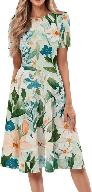 Formal Dress Floral Women 2025 Midi Short Sleeve Round Neck Dresses Elegant Square Neck Strapped Swing A Line