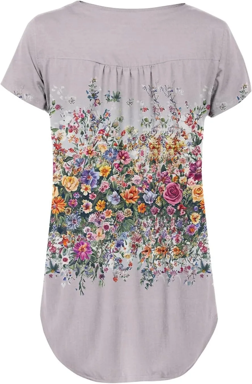 FQZWONG Summer Tops for Women 2025 Plus Size Short Sleeve Shirts Loose Casual Ladies Crew Neck Button Down Boho Blouses