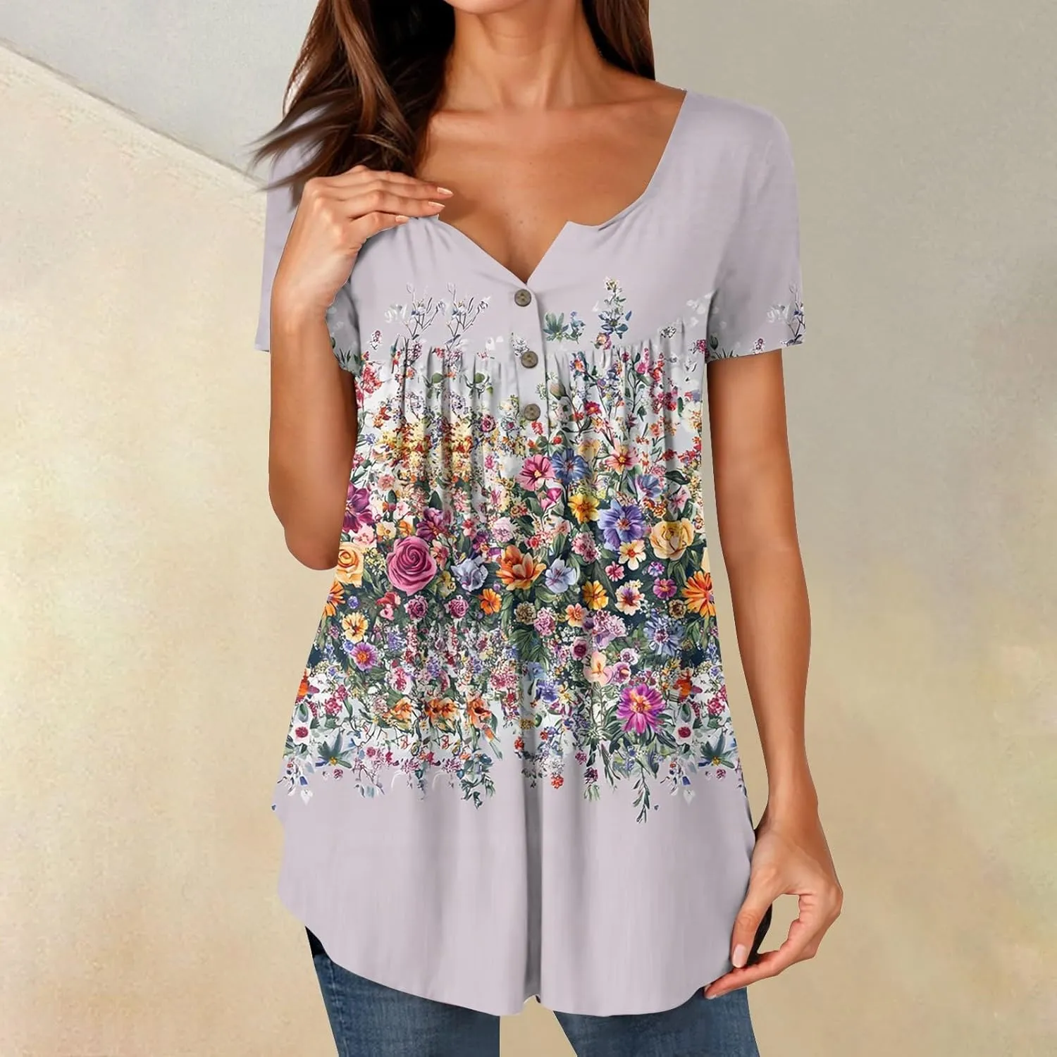 FQZWONG Summer Tops for Women 2025 Plus Size Short Sleeve Shirts Loose Casual Ladies Crew Neck Button Down Boho Blouses