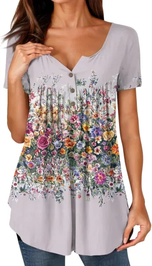 FQZWONG Summer Tops for Women 2025 Plus Size Short Sleeve Shirts Loose Casual Ladies Crew Neck Button Down Boho Blouses