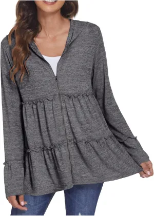 Full Zip Up Hoodie for Women Pleated Flowy Tiered Ruffle Hooded Shirt Lightweight Jacket Long Sleeve Babydoll Top Blouse