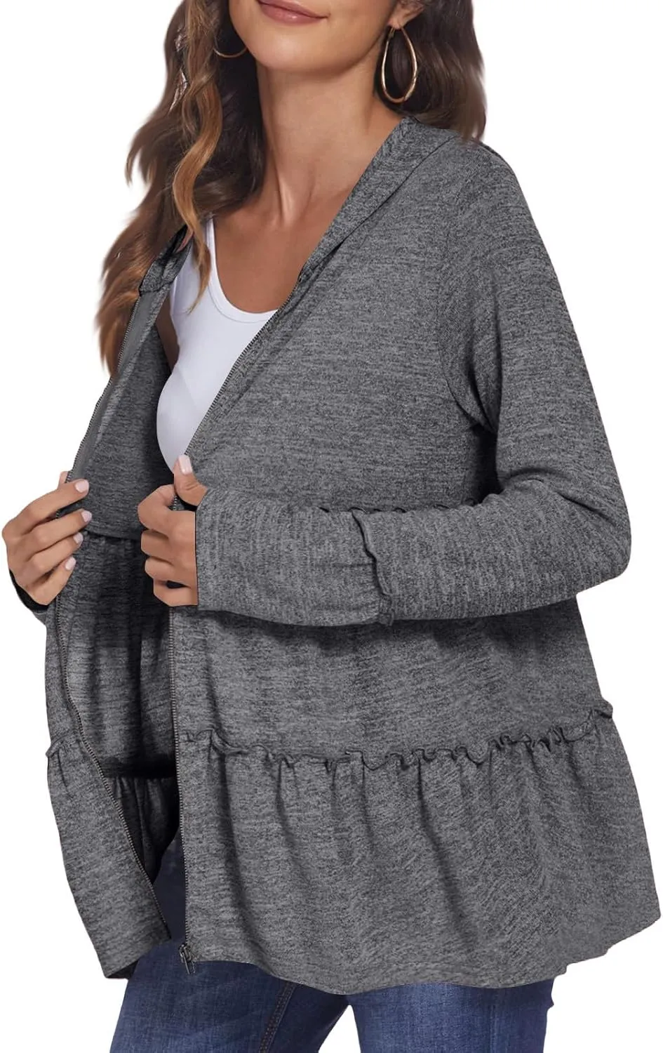 Full Zip Up Hoodie for Women Pleated Flowy Tiered Ruffle Hooded Shirt Lightweight Jacket Long Sleeve Babydoll Top Blouse