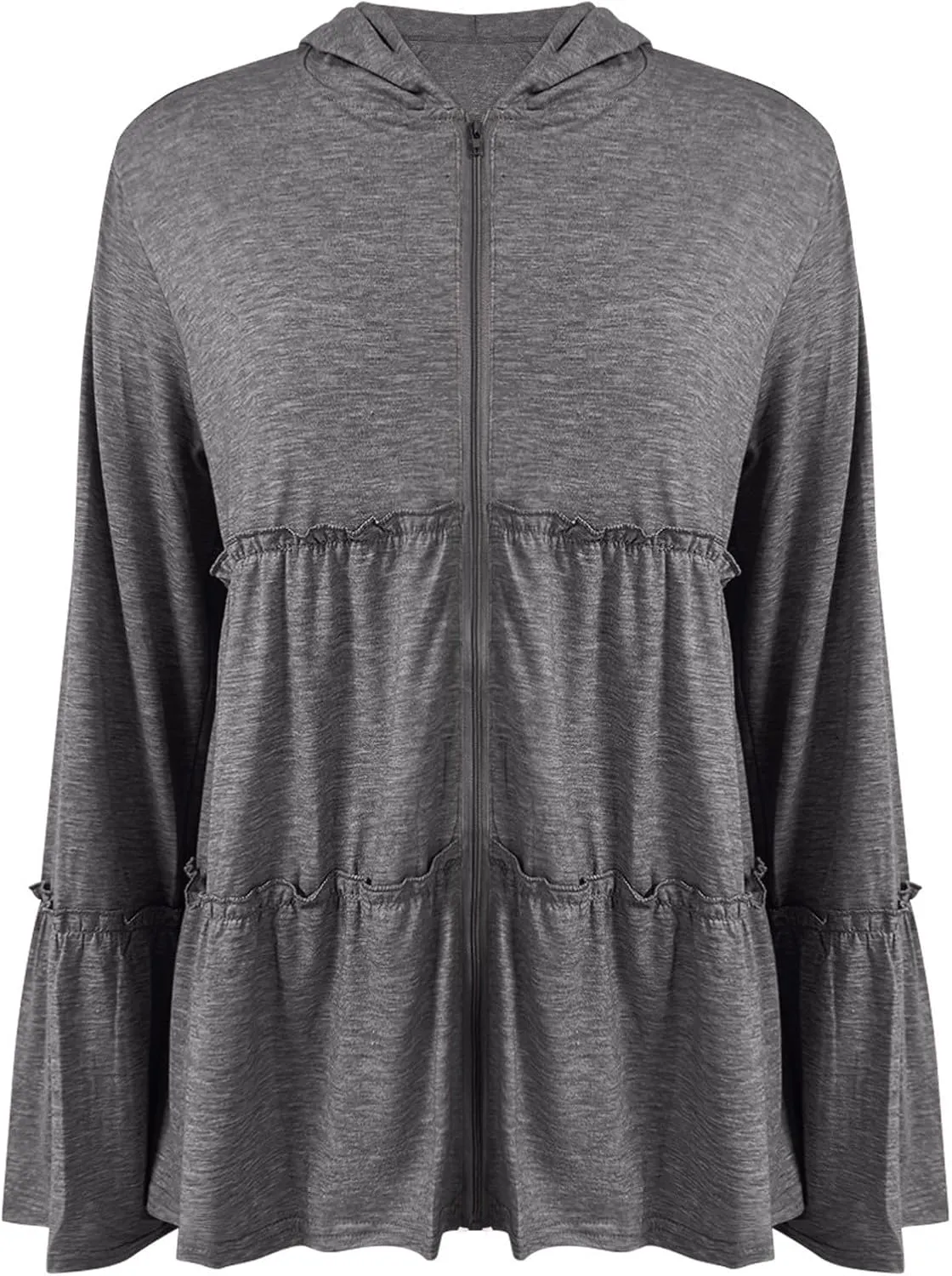 Full Zip Up Hoodie for Women Pleated Flowy Tiered Ruffle Hooded Shirt Lightweight Jacket Long Sleeve Babydoll Top Blouse