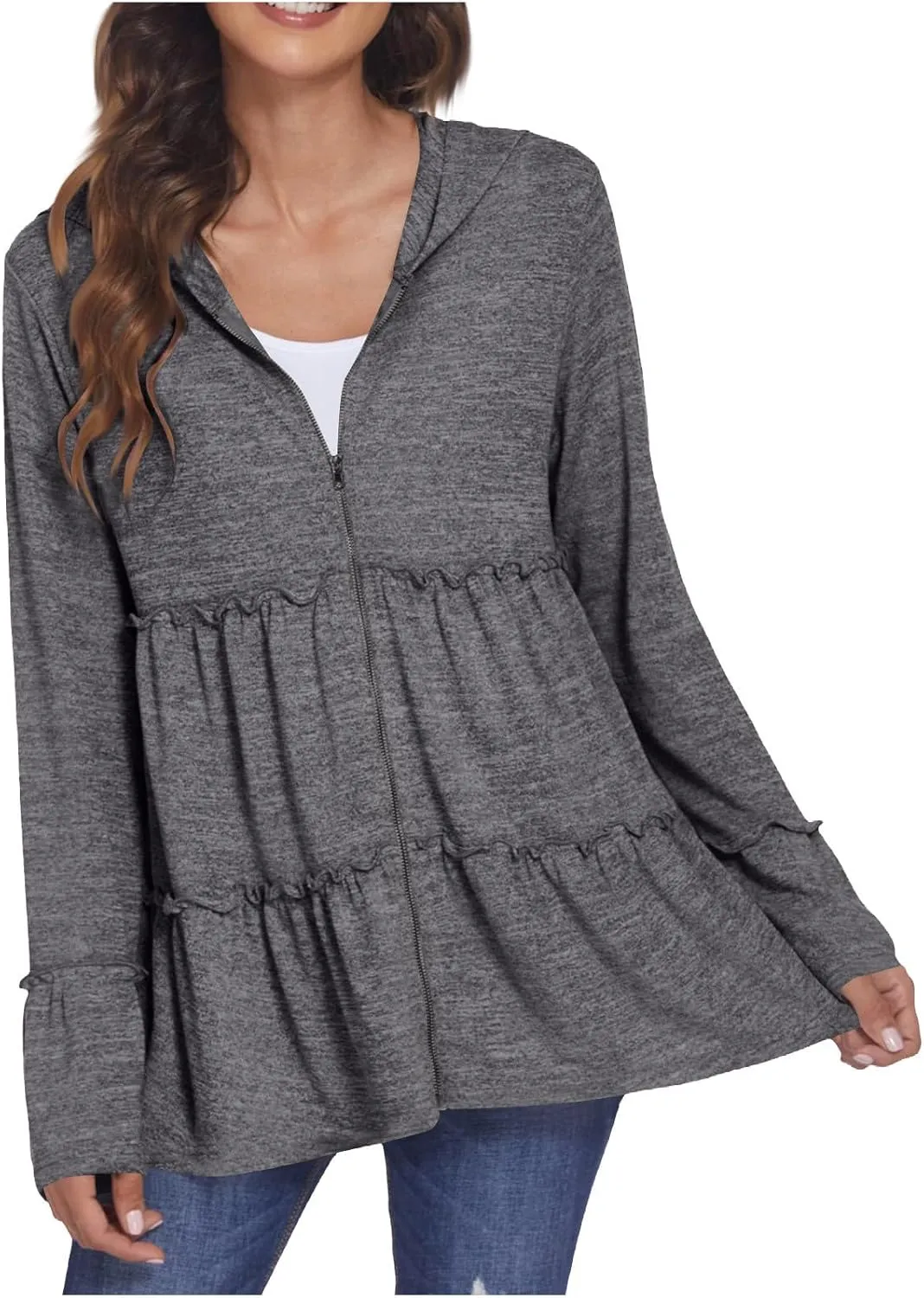 Full Zip Up Hoodie for Women Pleated Flowy Tiered Ruffle Hooded Shirt Lightweight Jacket Long Sleeve Babydoll Top Blouse