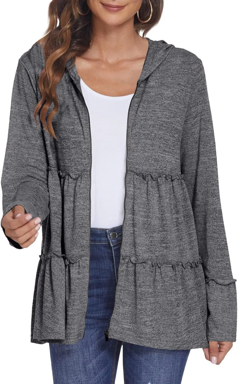 Full Zip Up Hoodie for Women Pleated Flowy Tiered Ruffle Hooded Shirt Lightweight Jacket Long Sleeve Babydoll Top Blouse
