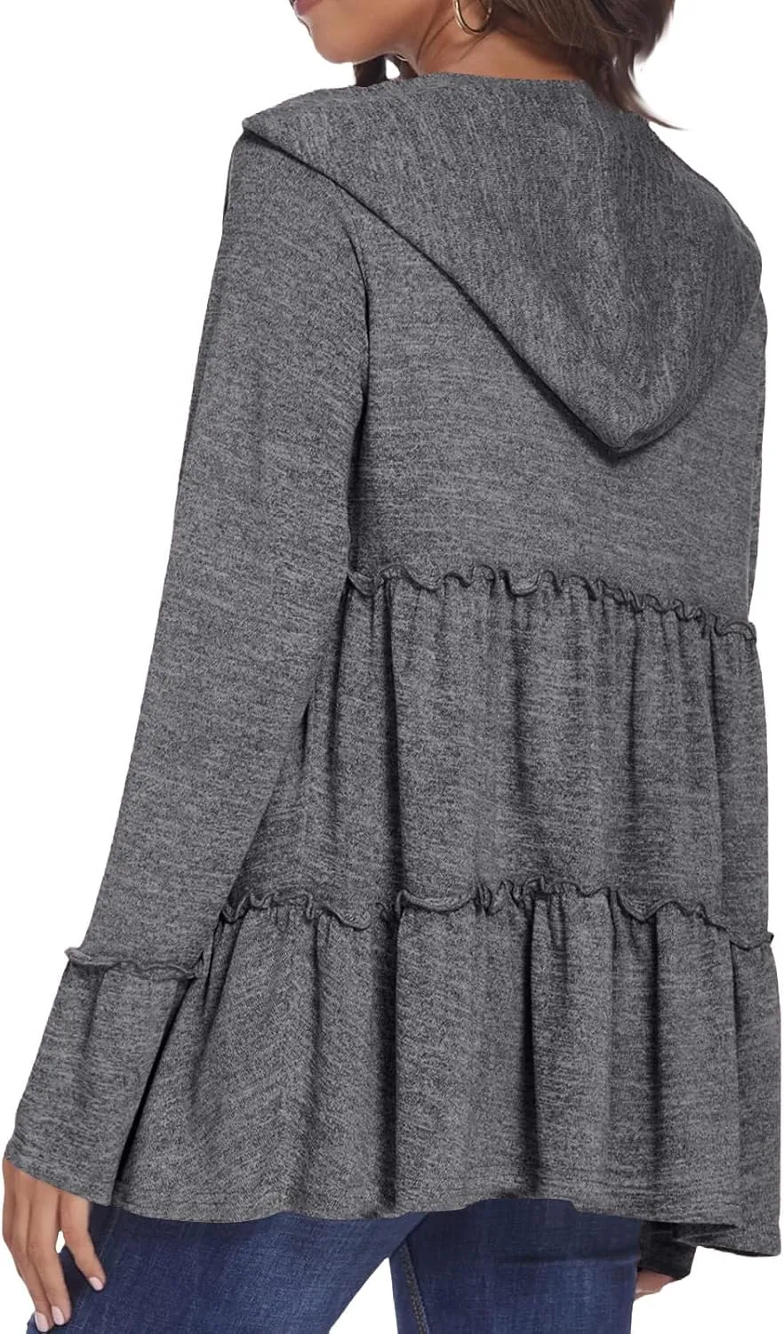 Full Zip Up Hoodie for Women Pleated Flowy Tiered Ruffle Hooded Shirt Lightweight Jacket Long Sleeve Babydoll Top Blouse