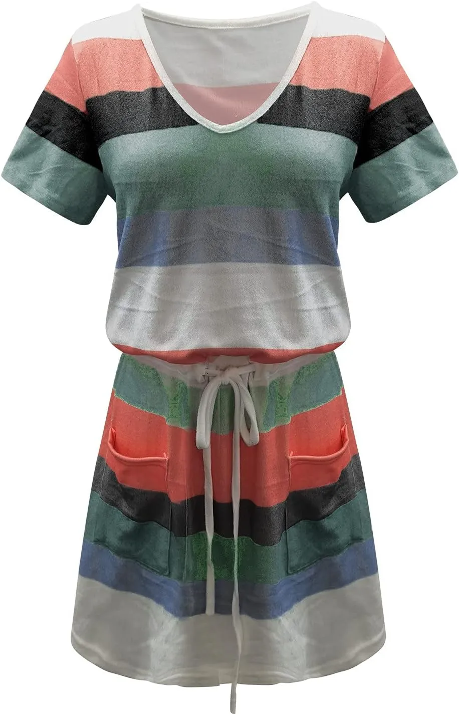 FZYLQY Summer Dresses for Women 2024 Casual Loose Sling V Neck Mini Dress Trendy Striped Drawstring Sundresses with Pockets