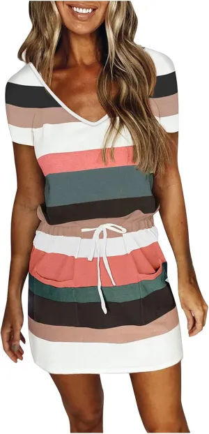 FZYLQY Summer Dresses for Women 2024 Casual Loose Sling V Neck Mini Dress Trendy Striped Drawstring Sundresses with Pockets
