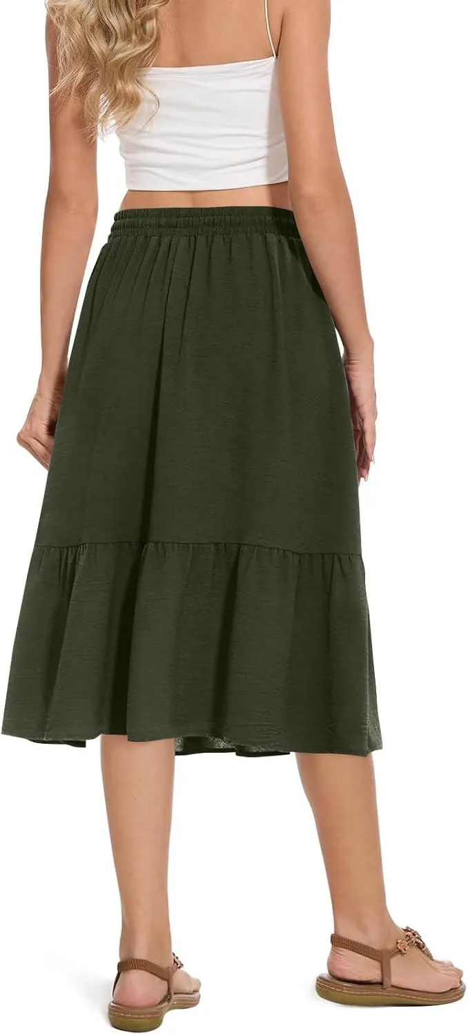 FZYLQY Women's Casual High Waisted Tiered Midi Skirt, Comfortable Loose Fit Elastic Waist Skirt with Pockets for Summer