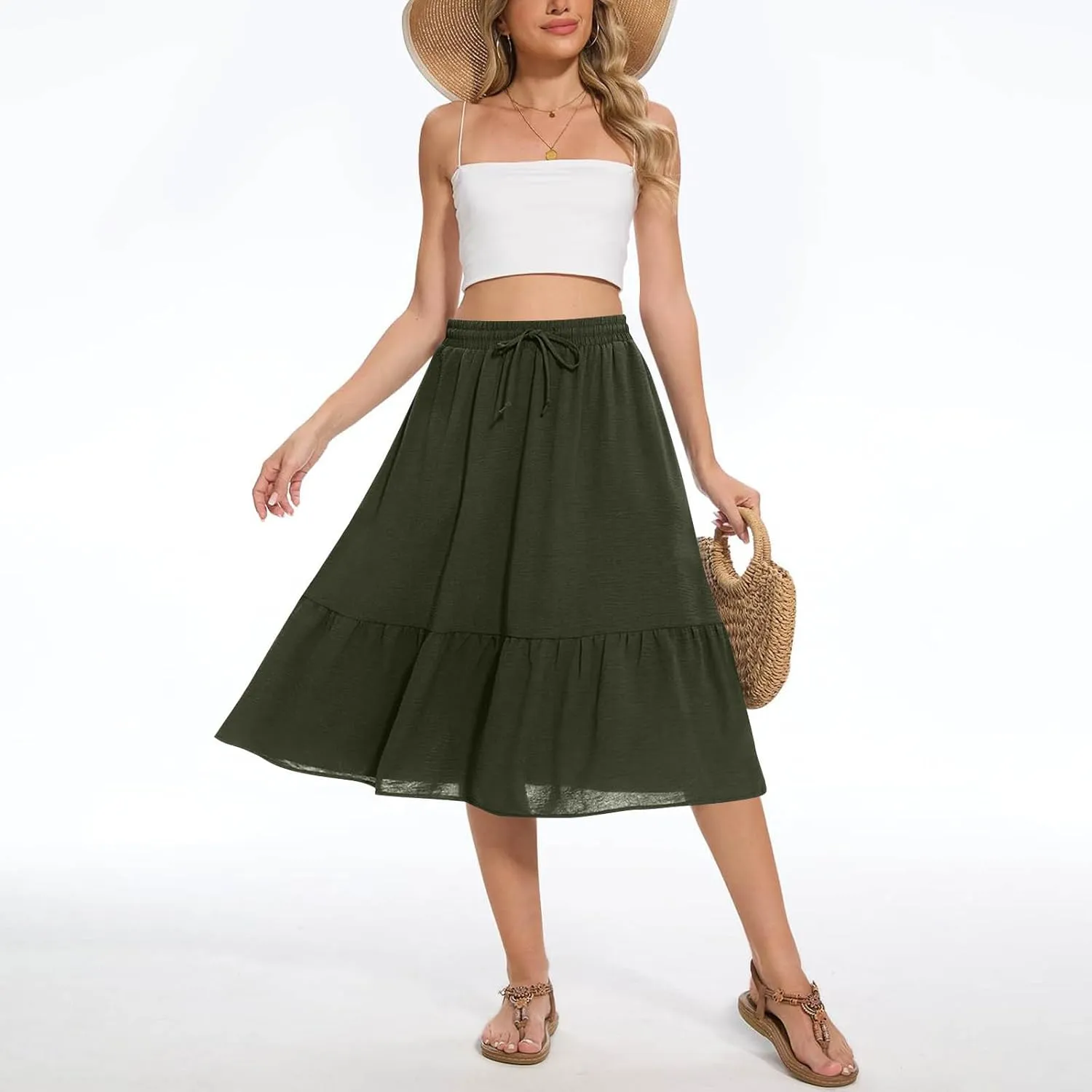 FZYLQY Women's Casual High Waisted Tiered Midi Skirt, Comfortable Loose Fit Elastic Waist Skirt with Pockets for Summer