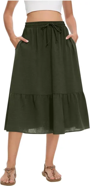 FZYLQY Women's Casual High Waisted Tiered Midi Skirt, Comfortable Loose Fit Elastic Waist Skirt with Pockets for Summer
