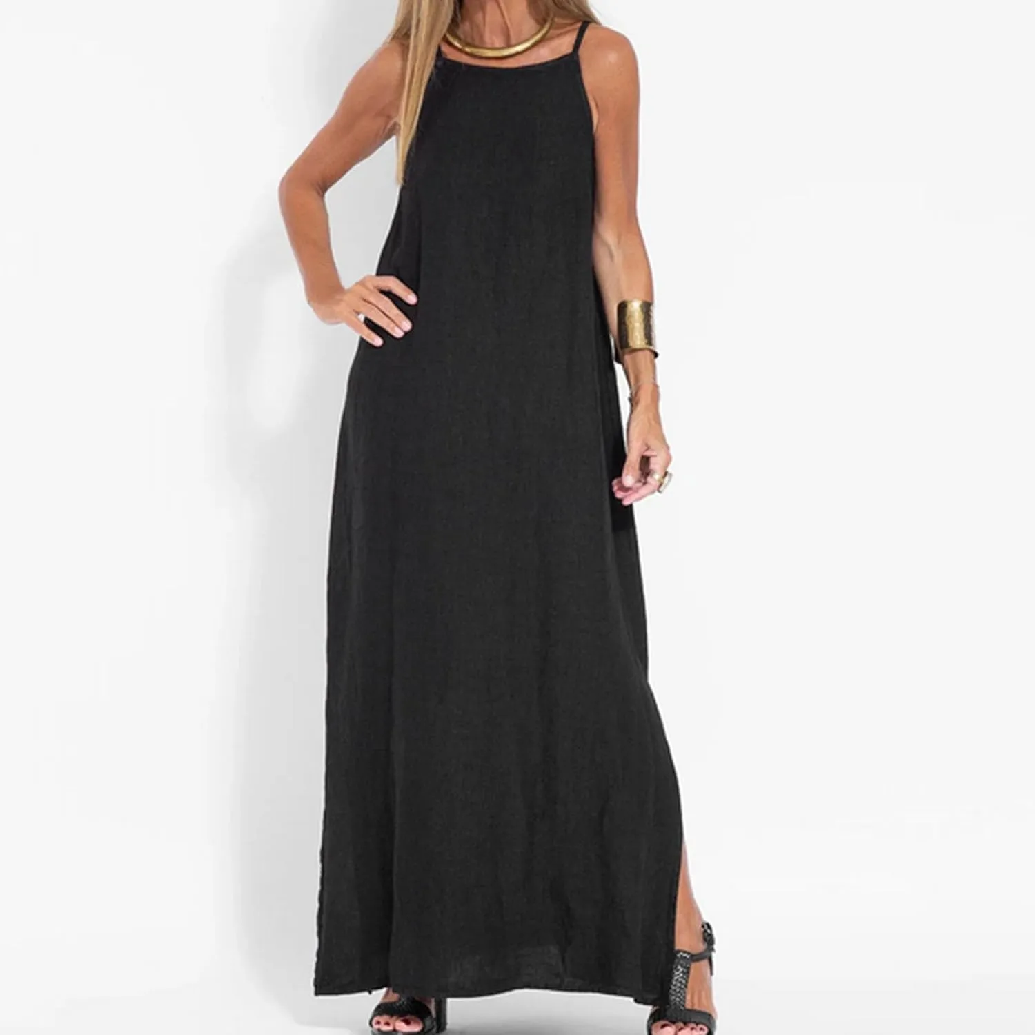 FZYLQY Womens Sling Cotton Linen Dress, Long Sundresses, Sleeveless Spaghetti Strap Cami Maxi Dresses, Loose Casual Sundress