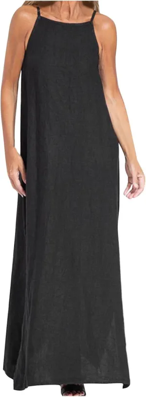 FZYLQY Womens Sling Cotton Linen Dress, Long Sundresses, Sleeveless Spaghetti Strap Cami Maxi Dresses, Loose Casual Sundress
