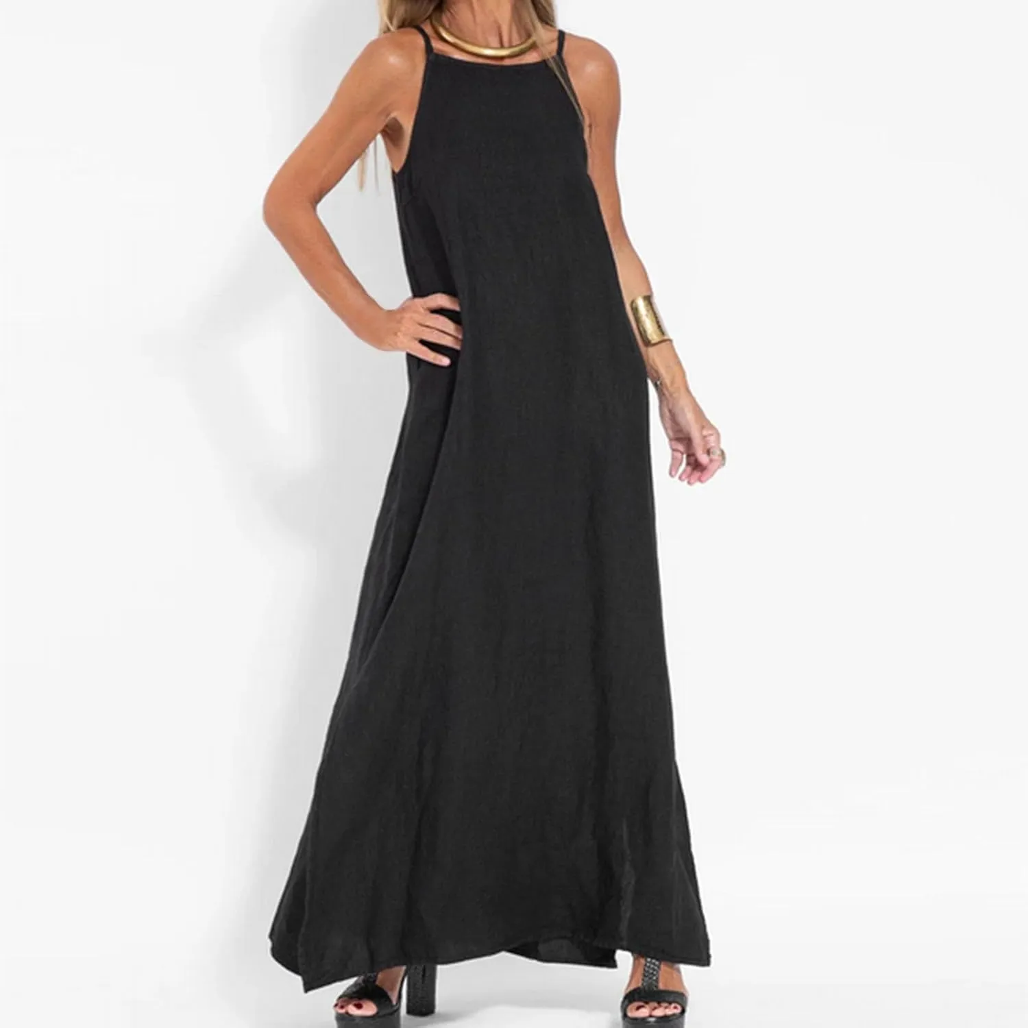FZYLQY Womens Sling Cotton Linen Dress, Long Sundresses, Sleeveless Spaghetti Strap Cami Maxi Dresses, Loose Casual Sundress