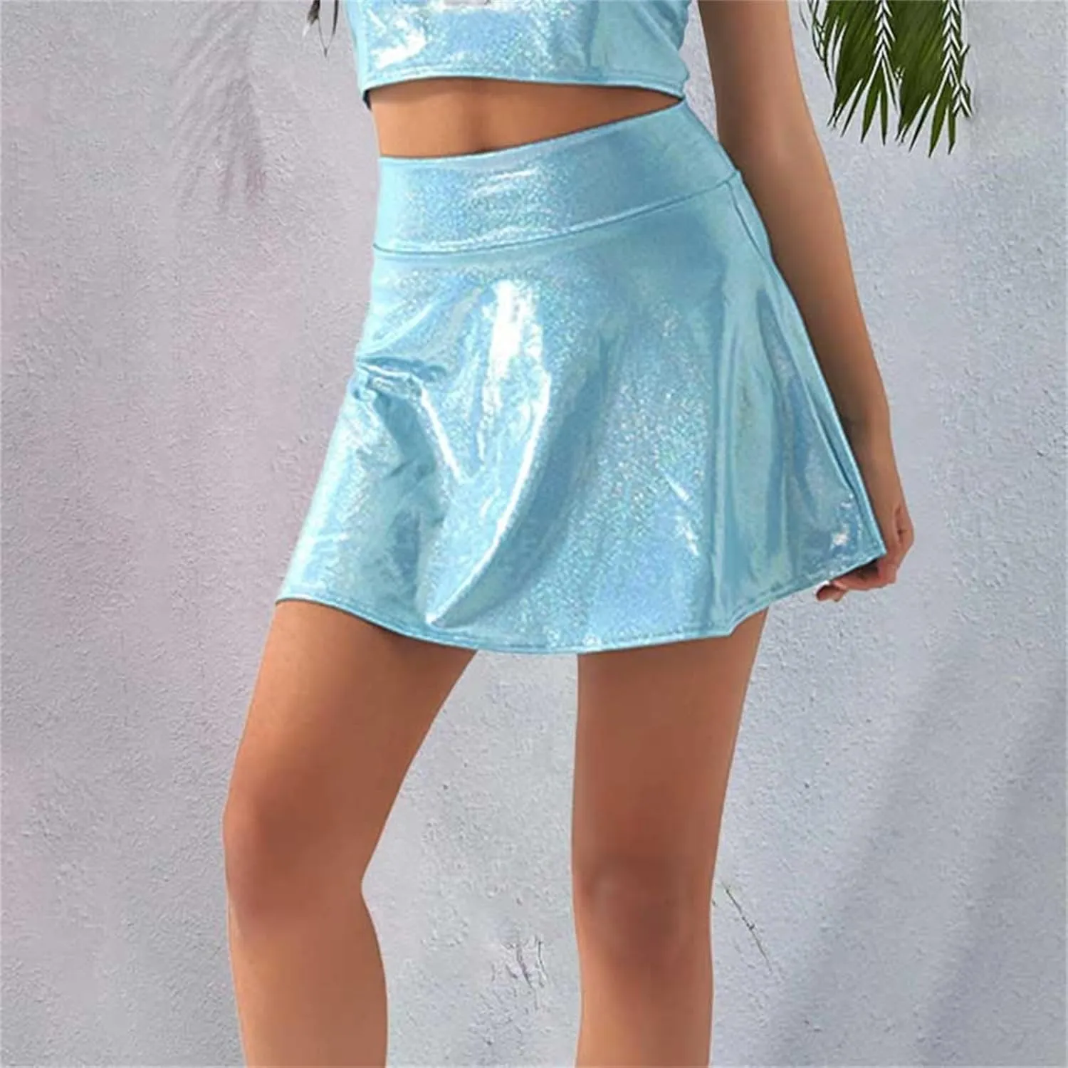 Girls Women Metallic Skater Skirt Sparkly Shiny Flared Pleated A-Line Mini Skort Dance Outfit Party Mini Skorts