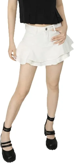 High Waist Ruffle Hem Layered Cake Skirt White Vintage Pleated Women Denim Jean Skirt Mini Short Bottoms