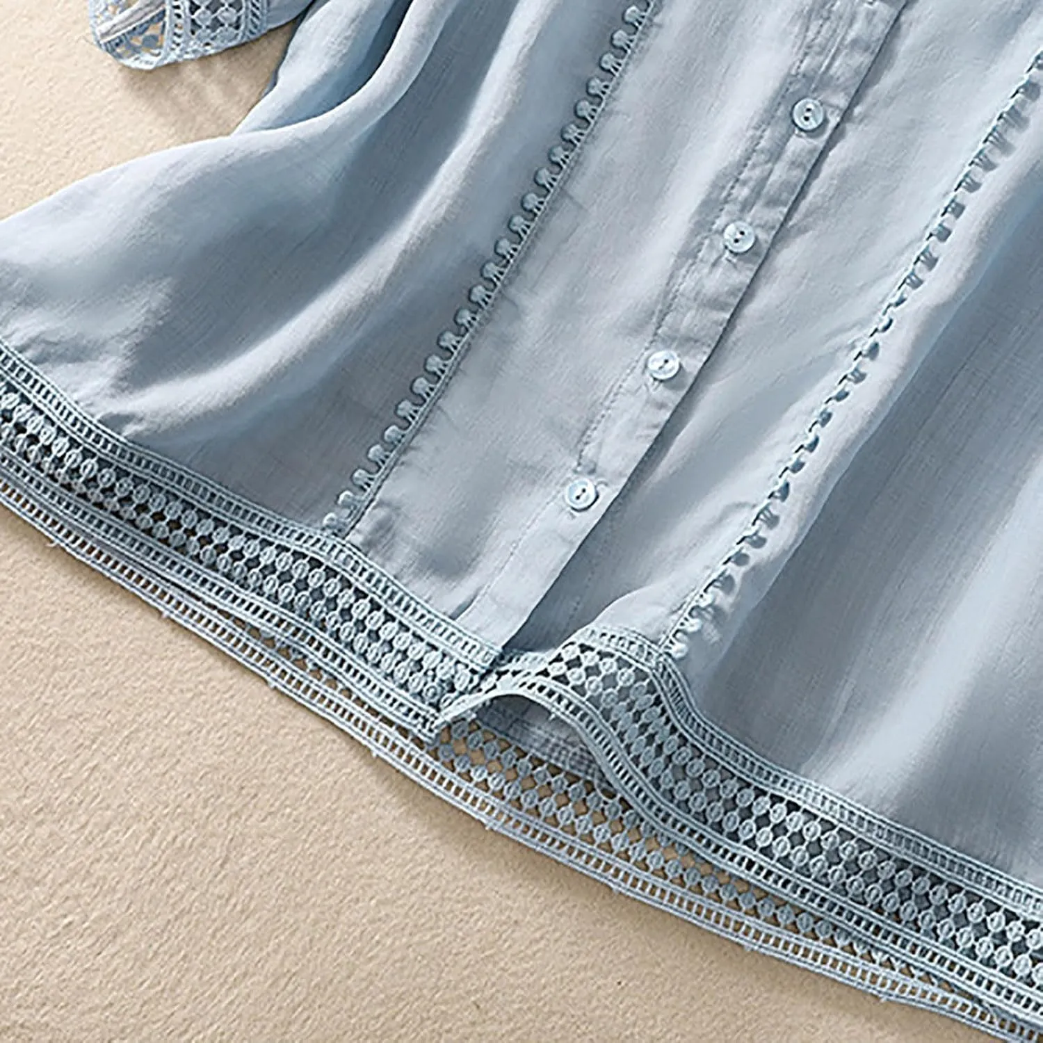 Hollow Out Cotton Linen Button Down Shirts for Women V-Neck Short Sleeve Tees Solid Color Trendy Blouses Summer Tees