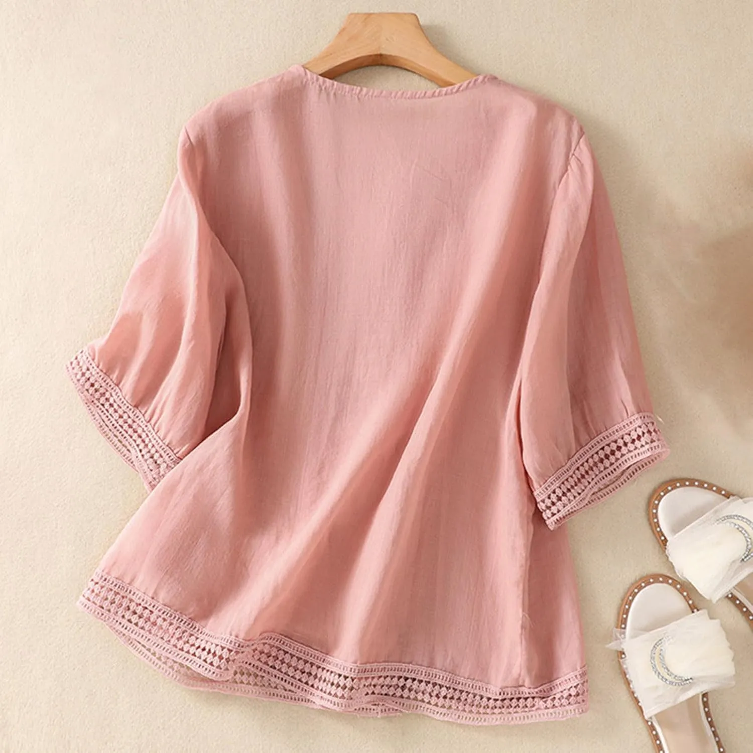Hollow Out Cotton Linen Button Down Shirts for Women V-Neck Short Sleeve Tees Solid Color Trendy Blouses Summer Tees