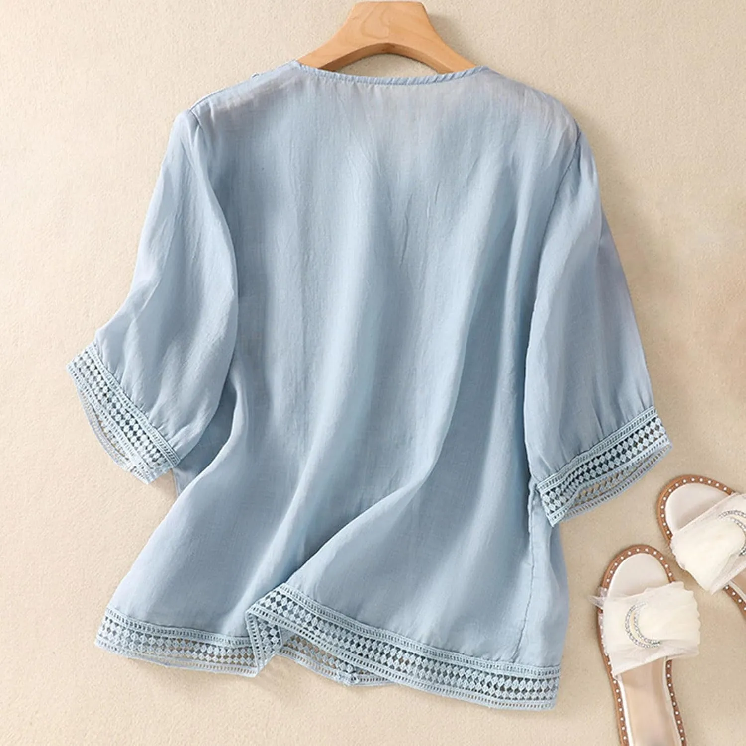 Hollow Out Cotton Linen Button Down Shirts for Women V-Neck Short Sleeve Tees Solid Color Trendy Blouses Summer Tees